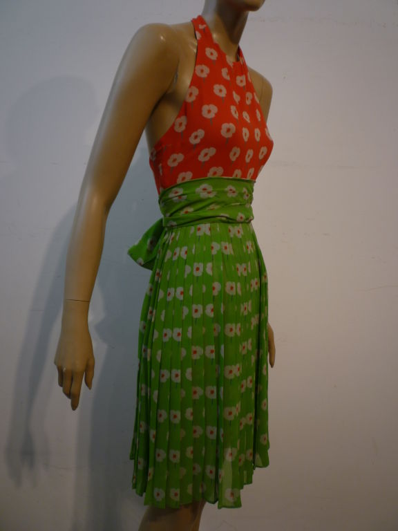 Women's Bill Blass 70s Floral Print Silk Chiffon Halter Dress