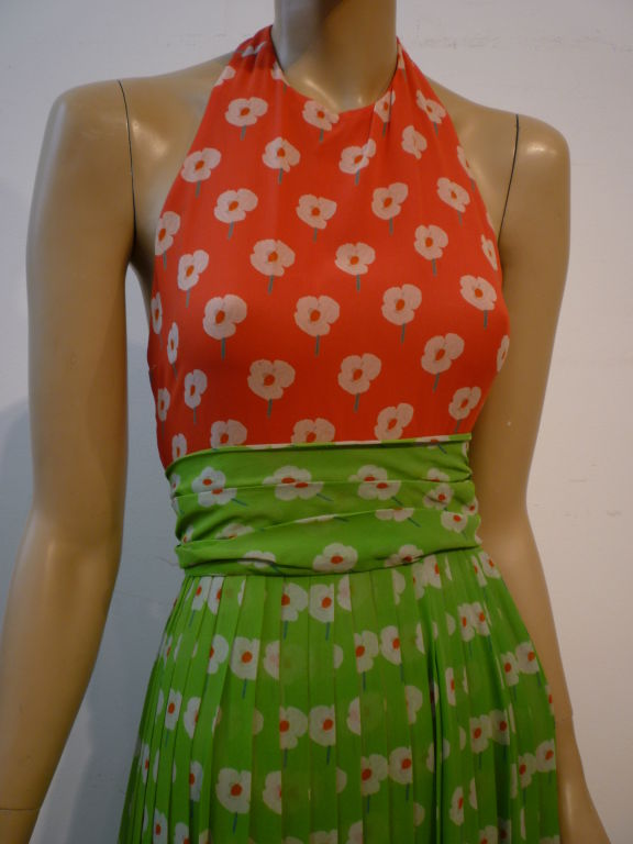 Bill Blass 70s Floral Print Silk Chiffon Halter Dress 2