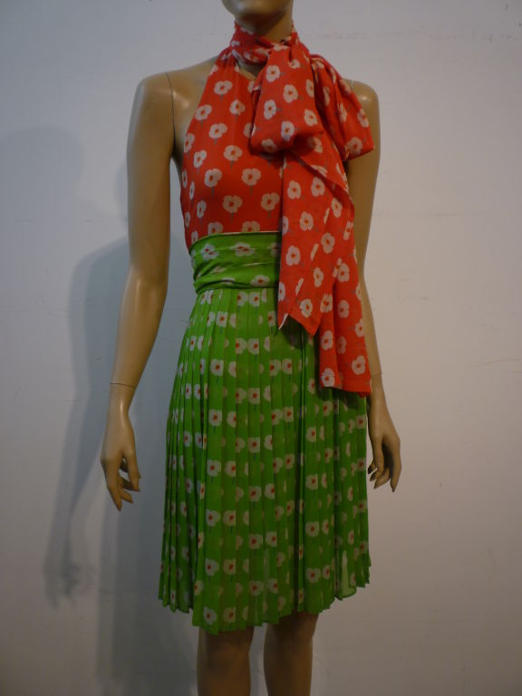 Bill Blass 70s Floral Print Silk Chiffon Halter Dress 4