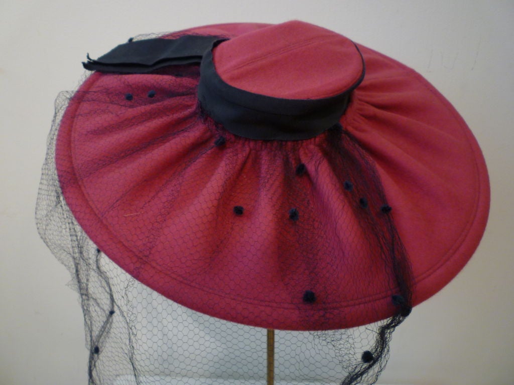 Women's 40s Fuchsia Pleated Felt Hat with Huge Brim