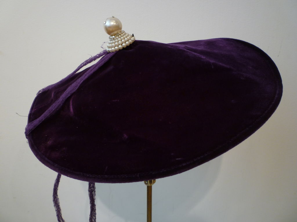 Women's Fantastic 50s Purple Velvet Eastern Inspired Hat w/ Pearl Peak