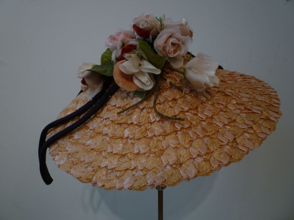50s Floral Trimmed Straw Hat For Sale 1