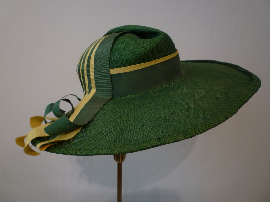 1940s Green Straw Hat with Extravagant Ribbon Trim at 1stDibs 1940s