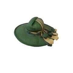 Vintage 1940s Green Straw Hat with Extravagant Ribbon Trim