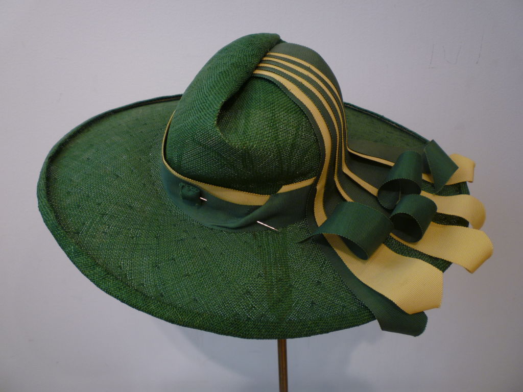 1940s Green Straw Hat with Extravagant Ribbon Trim at 1stDibs 1940s