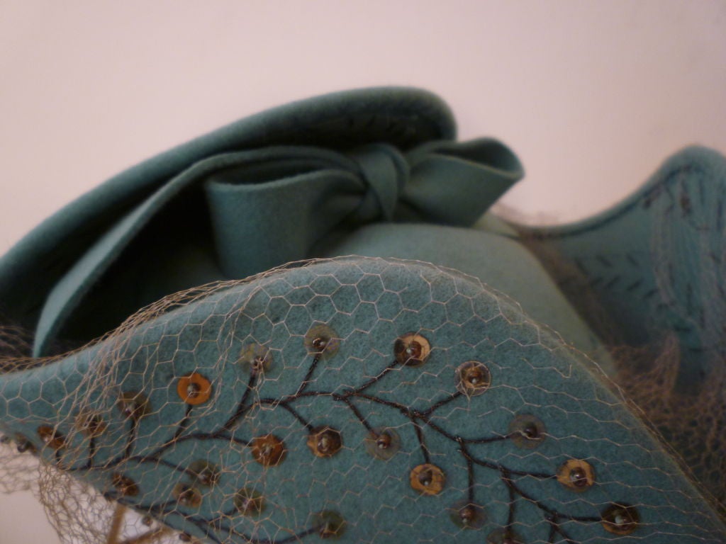 Women's 40s Teal Green Felt Tricorner Style Sequined Hat w/ Veil