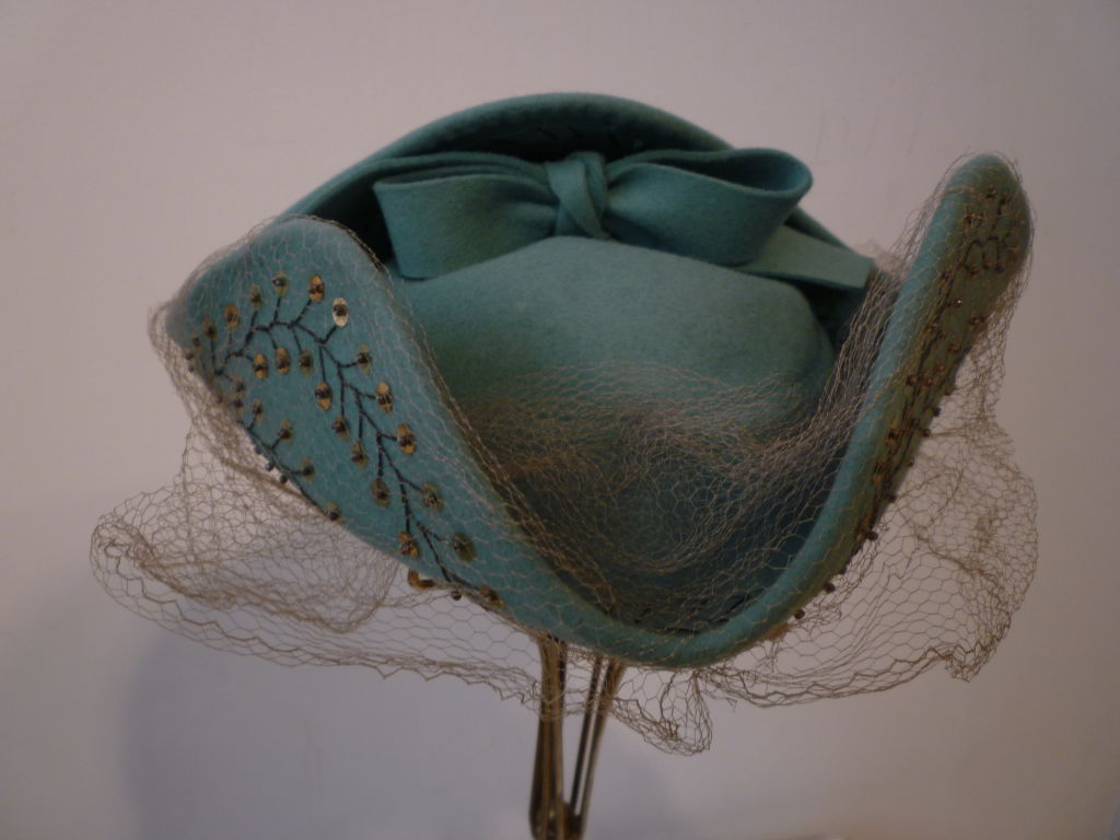 40s Teal Green Felt Tricorner Style Sequined Hat w/ Veil 2