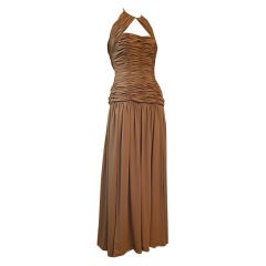 Victor Costa 80s Ruched Taupe Halter Gown