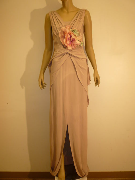 1940s Couture Mauve Crepe Draped Gown w/ Floral Embellishment 4