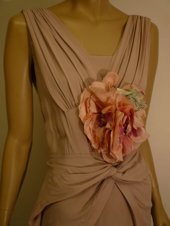 1940s Couture Mauve Crepe Draped Gown w/ Floral Embellishment 1