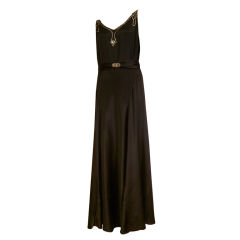 Late 20s Black Silk Gown with Trompe L'Oeil Rhinestone Trim
