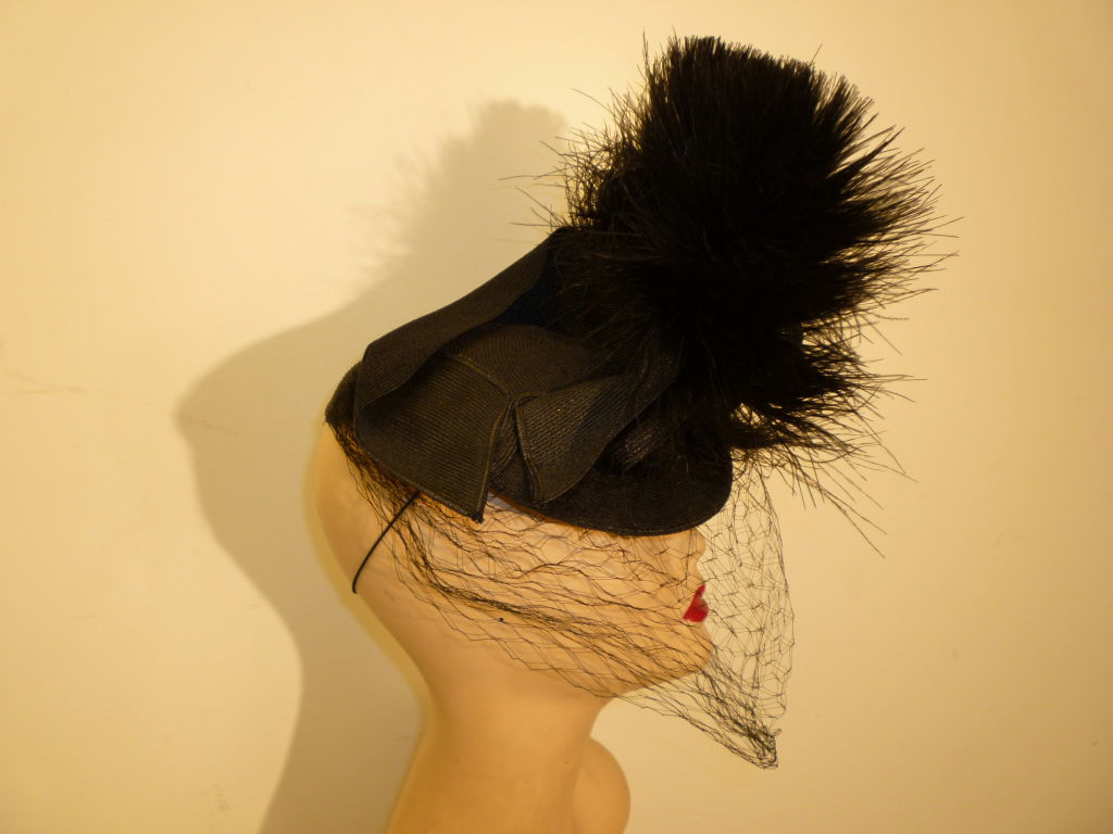 Bes-Ben Incredible 1940s Tilt Hat w/ Egret Feathers and Veil 2