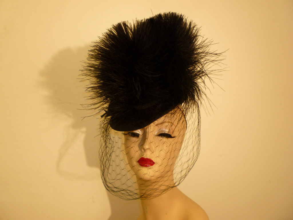 Bes-Ben Incredible 1940s Tilt Hat w/ Egret Feathers and Veil 4