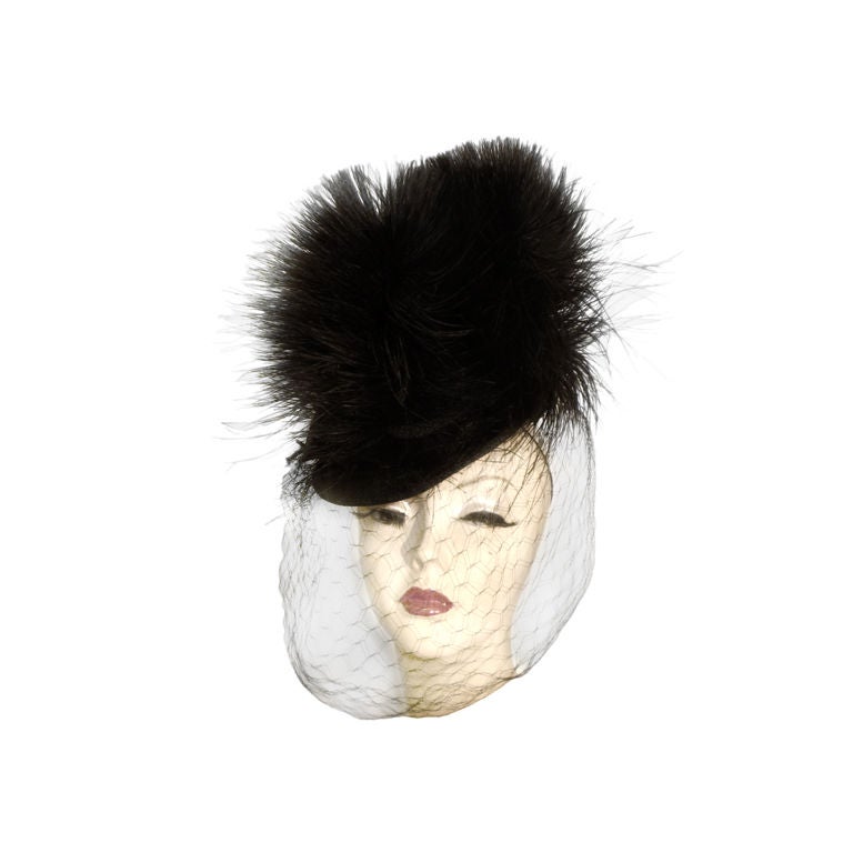 Bes-Ben Incredible 1940s Tilt Hat w/ Egret Feathers and Veil