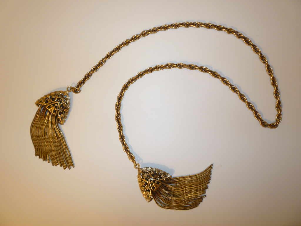40s Gold Filigree Lariat with Chain Tassels at 1stdibs