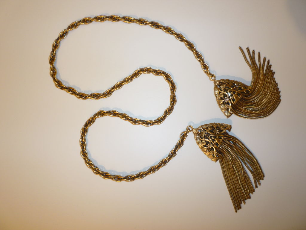 40s Gold Filigree Lariat with Chain Tassels at 1stdibs