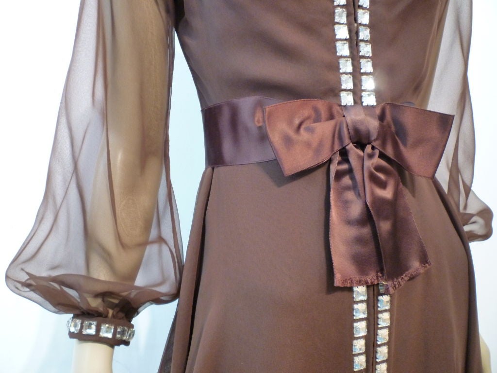 Luis Estévez 60s Brown Chiffon Cocktail Dress w/ Rhinestone Trim For Sale 1