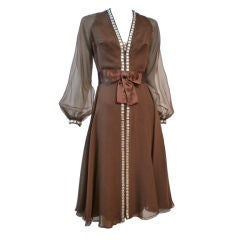 Luis Estévez 60s Brown Chiffon Cocktail Dress w/ Rhinestone Trim 4