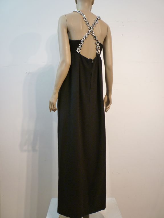 Black Galanos 1960s Rhinestone Bodice Babydoll Wool Gown