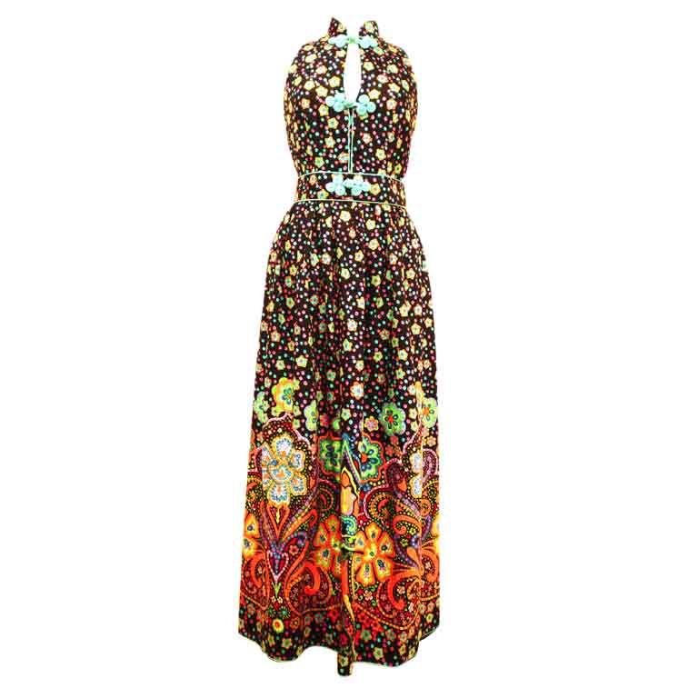 Oscar de La Renta 70s Summer Print Maxi w/ Crossed Back Straps