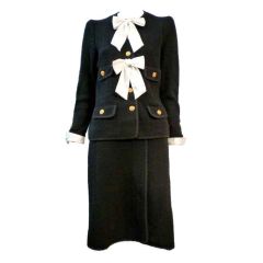 Adolfo Black Boucle Knit 2-Piece Skirt Suit w/ Bow Detail