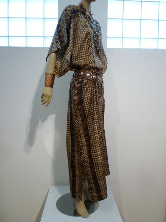 70s Saks Fifth Avenue Silk Caftan w/ Ethnic Print