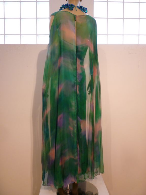 Black 60s Hand-Painted Silk Chiffon Gown w/ Overlay