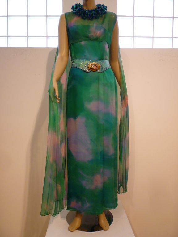 60s Hand-Painted Silk Chiffon Gown w/ Overlay 1