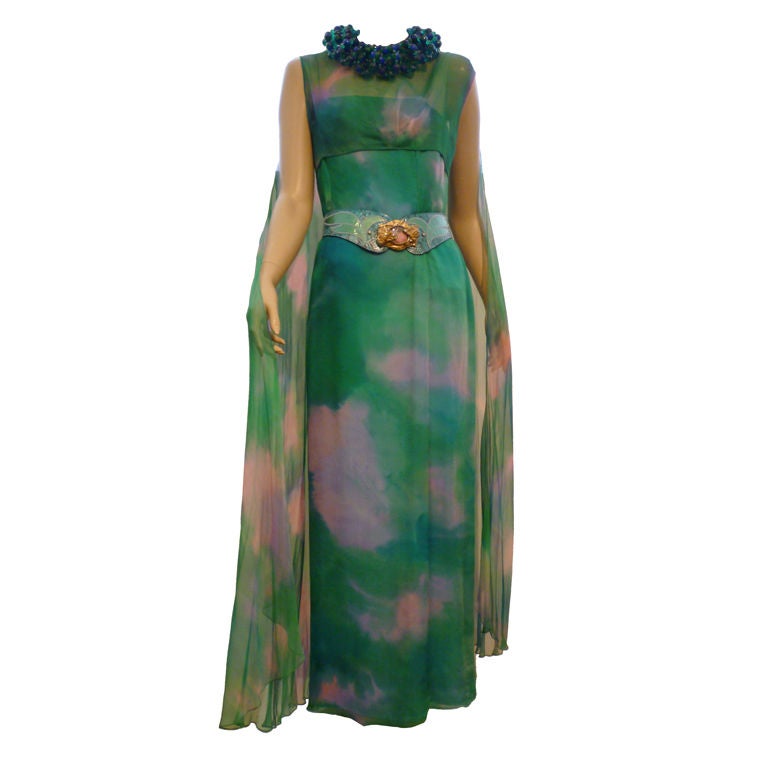 60s Hand-Painted Silk Chiffon Gown w/ Overlay