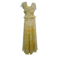 30s Couture E. L. Mayer Floral Chiffon 2-Piece Gown and Jacket