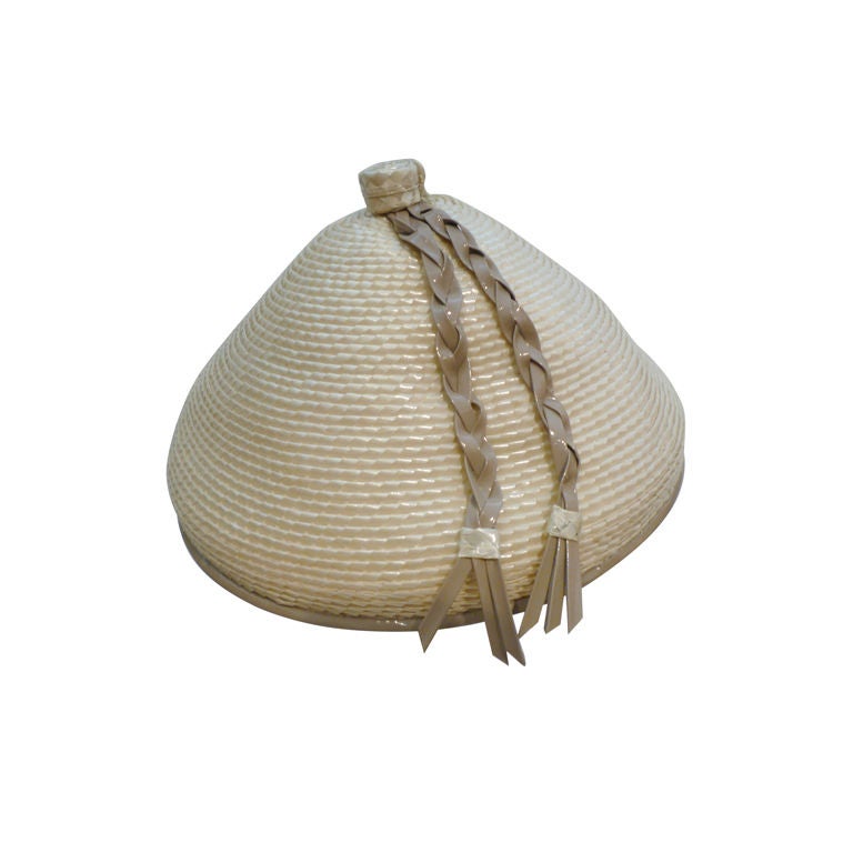 60s Marché Asian-Inspired Straw Hat in Beige and Taupe