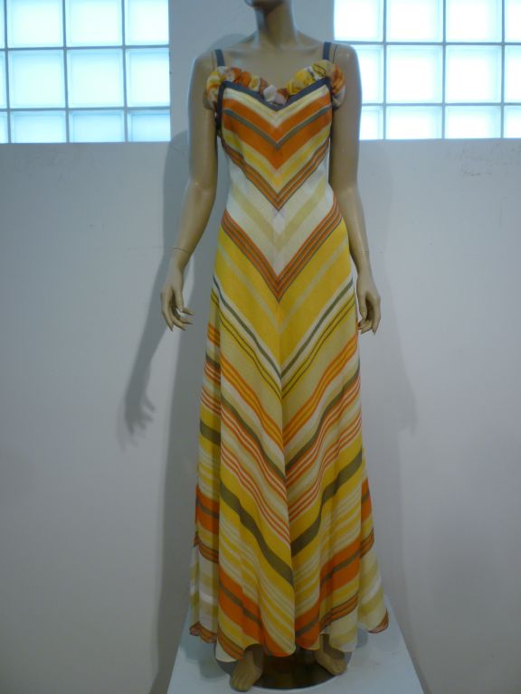 Fred Perlberg 70s Chevron Stripe Voile Maxi Dress w/ Shawl