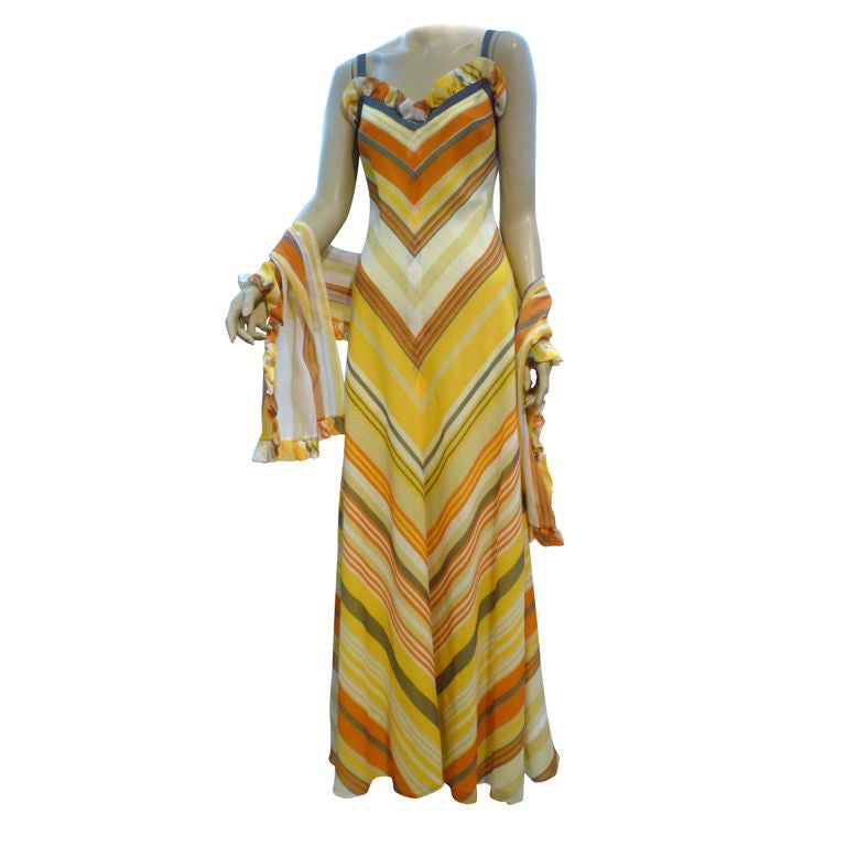 Fred Perlberg 70s Chevron Stripe Voile Maxi Dress w/ Shawl