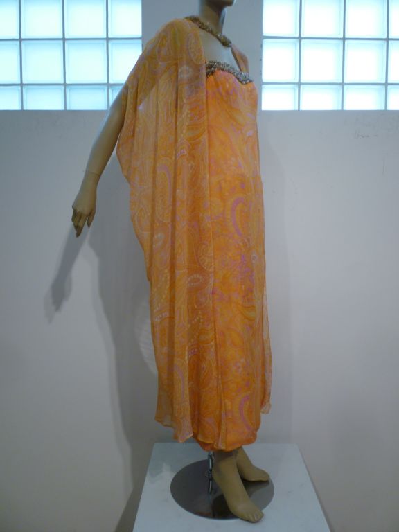60s 2-Piece Silk Chiffon Dress & Overlay w/ Beaded Trim