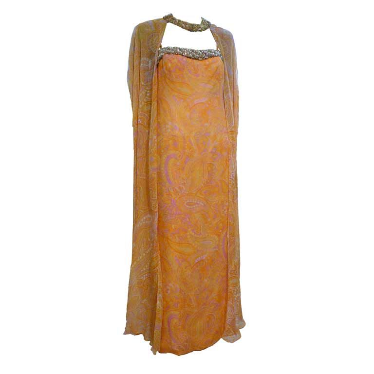 60s 2-Piece Silk Chiffon Dress 
Overlay w/ Beaded Trim