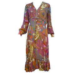 Groovy 60s Silk Chiffon Paisley  Dress w/ Rhinestone Trim