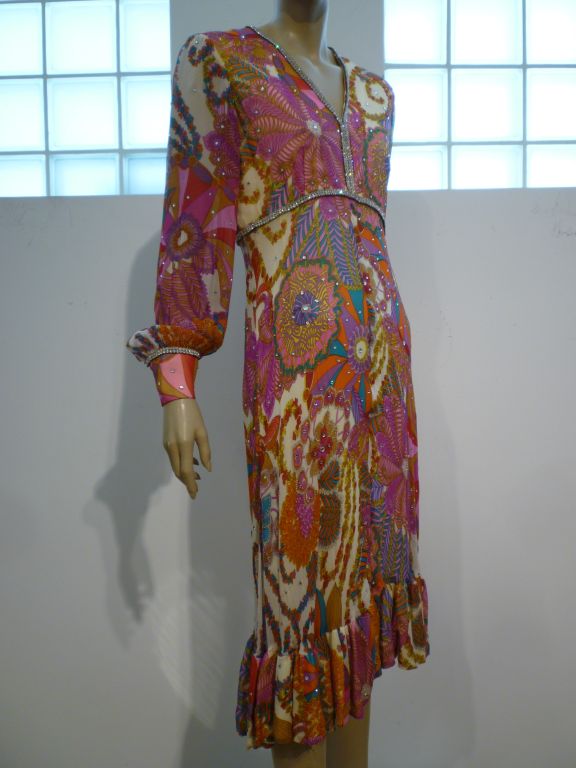 Groovy 60s Silk Chiffon Paisley  Dress w/ Rhinestone Trim
