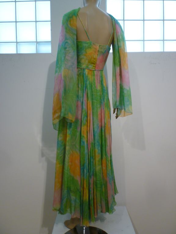 Gray Nat Kaplan Hand-Painted Silk Chiffon 60s Dress w/ Foulard