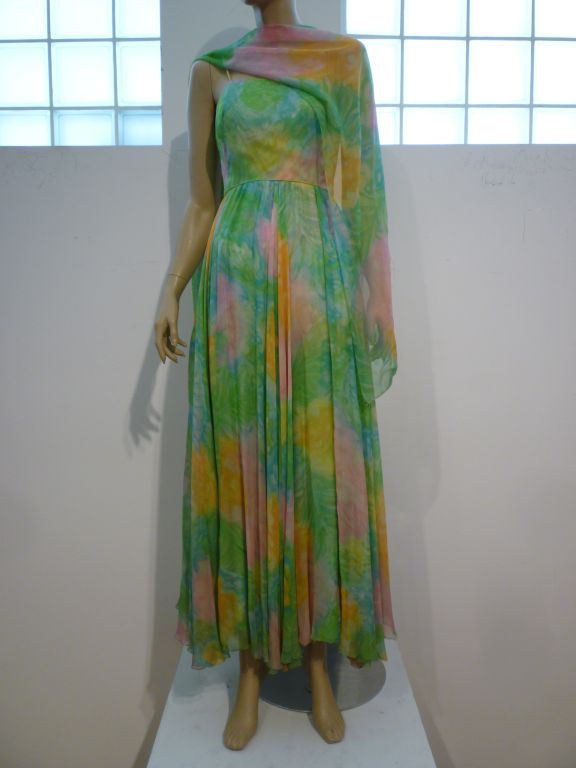 Nat Kaplan Hand-Painted Silk Chiffon 60s Dress w/ Foulard 1