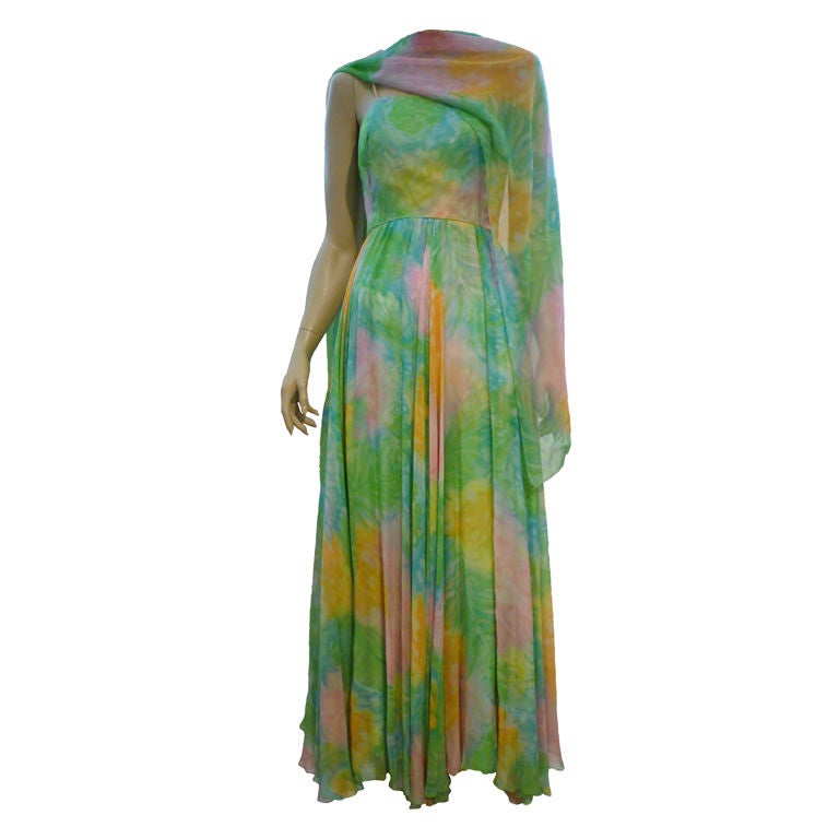 Nat Kaplan Hand-Painted Silk Chiffon 60s Dress w/ Foulard