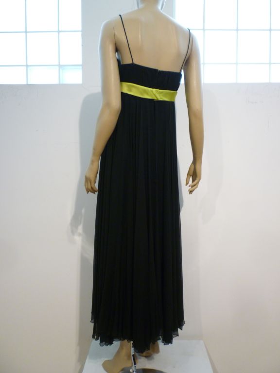 Women's 60s Black Silk Chiffon Empire Dress w/ Chartreuse Bow Sash
