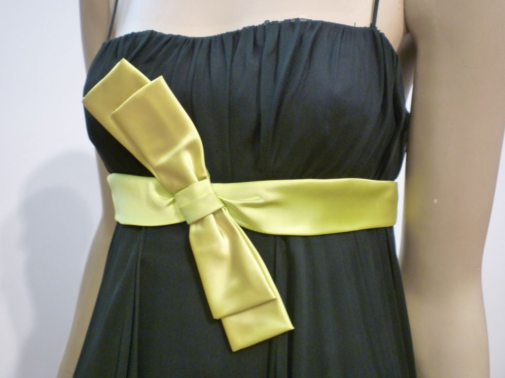 60s Black Silk Chiffon Empire Dress w/ Chartreuse Bow Sash 1