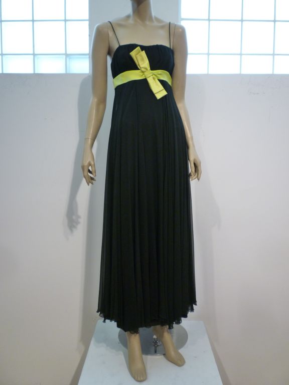 60s Black Silk Chiffon Empire Dress w/ Chartreuse Bow Sash 3