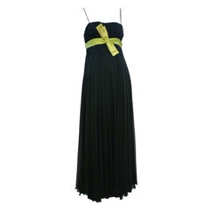 60s Black Silk Chiffon Empire Dress w/ Chartreuse Bow Sash