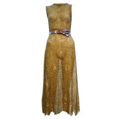 Antique 30s Gold Metallic Lace Dress w/ Leiber Snakeskin Belt