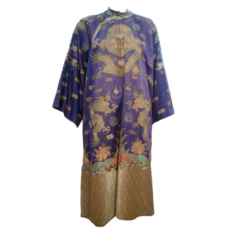 Embroidered Han Robe Beautiful Antique Chinese Hand-Embroidered Gold Satin Robe at 1stDibs