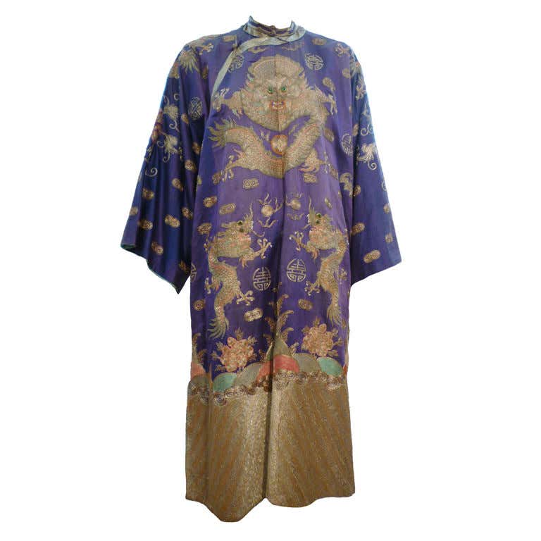 Beautiful Antique Chinese Hand-Embroidered Gold Satin Robe at 1stDibs