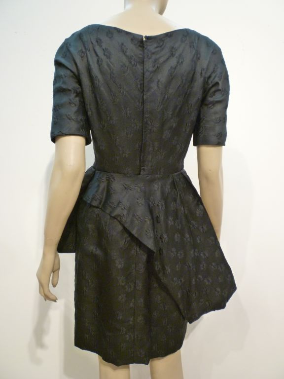 Black Werlé 50s Silk Jacquard Cocktail Dress w/ Asymmetrical Peplum