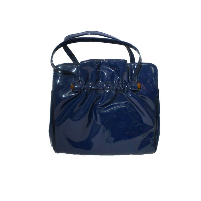 Saks Fifth Avenue 60s Navy Blue Patent Handbag at 1stdibs