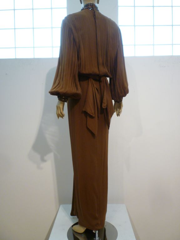 James Galanos Brown Chiffon Gown with Pleating & Beading In Excellent Condition For Sale In Gresham, OR